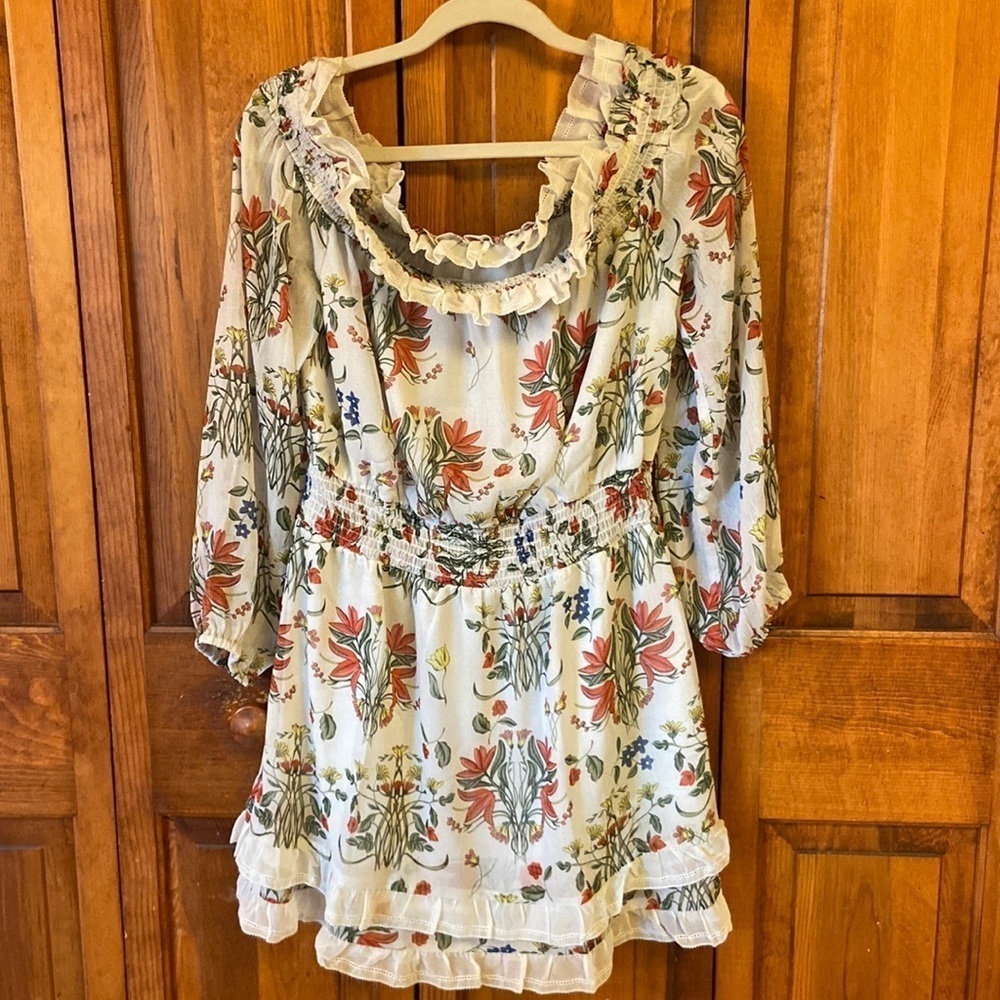 Endless Rose Floral Ruffle Off Shoulder Bishop Sheer 2 Tiers Elastic Waistband